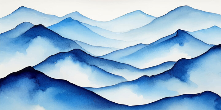 Blue grunge vector illustration of a torn paper mountain landscape featuring a ripped cardboard texture and blank sky space