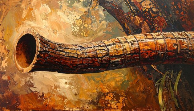Close-up of rustic didgeridoo end with natural eucalyptus bark and ochre patterns