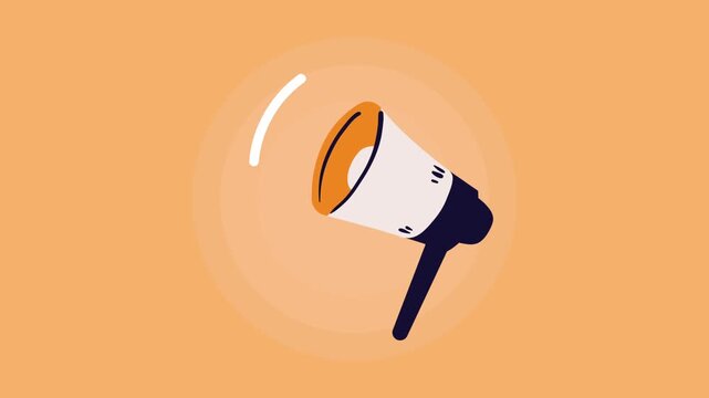 Cartoon megaphone animation, dynamic broadcast, public address speaker with sound waves, marketing tool motion graphic.