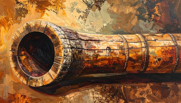 Close-up of didgeridoo end with traditional Aboriginal bark painting on textured eucalyptus wood