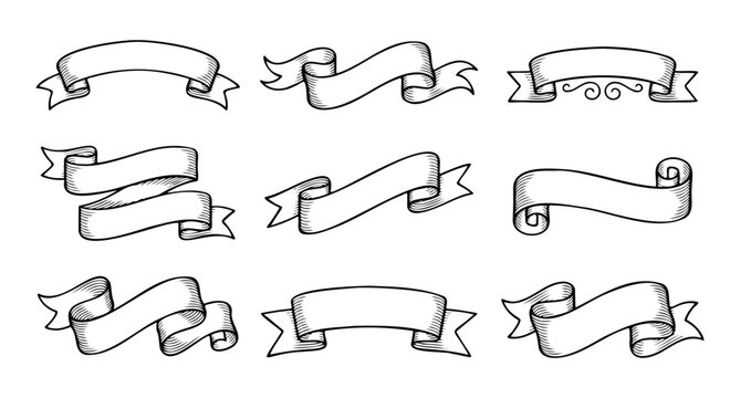 Vintage Hand Drawn Engraved Ribbon Banners Collection For Classic Logo Design