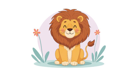 Cartoon lion with brown mane sitting. © aice