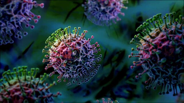 4K Ultra HD footage of a microscopic virus closeup showcasing the pathogen structure, active viral replication, and infectious disease biology.