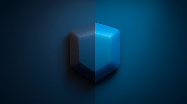 Minimalist 3D blue shield icon for internet security and data privacy protection concept on dark background matte finish