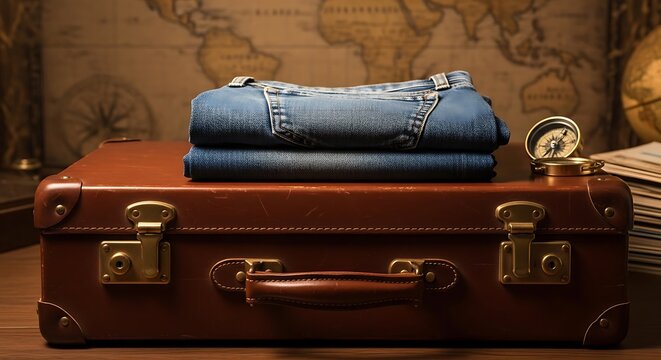 A stack of denim clothing on top of a vintage brown leather suitcase