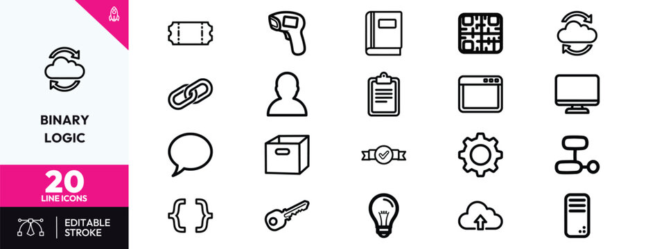 Binary Logic Icons Set Minimal Line Art Symbols for UI Design and Data Concepts in Monochrome Layout