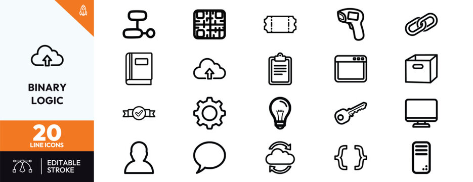 Binary logic icons set professional line art collection for UI design dashboards and data visualization