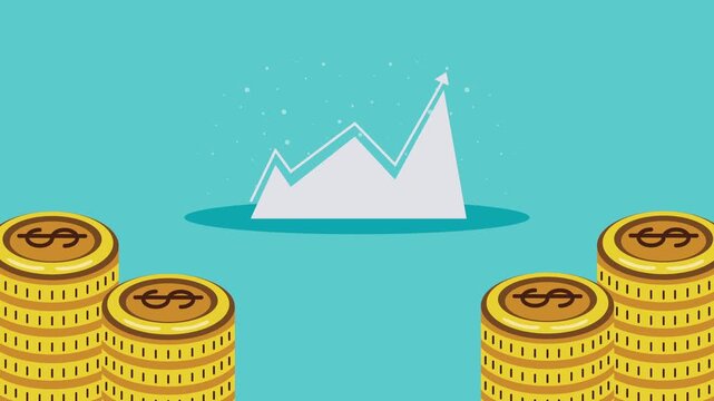 Animated financial growth concept with stacks of gold dollar coins and rising arrow graph on blue background.