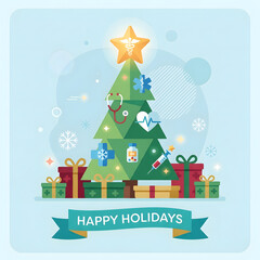 Fototapeta premium Festive christmas tree with gifts and holiday decorations on snowy background