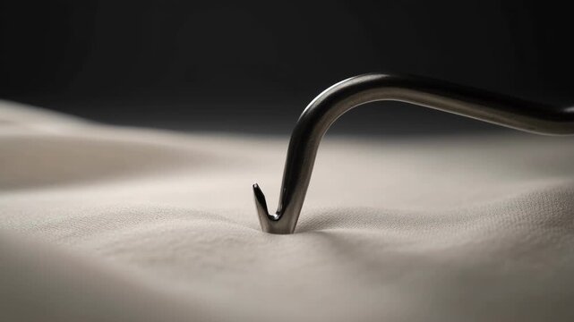 Close-up macro of a metal hook piercing white textured fabric, isolated against a dark background, creating a dramatic and suspenseful mood.