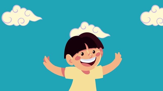 Animated happy little boy character jumping with hands raised against blue sky background with clouds.