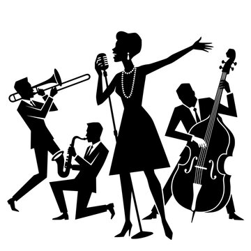 Elegant mid-century jazz band silhouette featuring a female singer, double bass, saxophone, and trombone. Retro minimalist vector art of a musical quartet performing on a clean background.