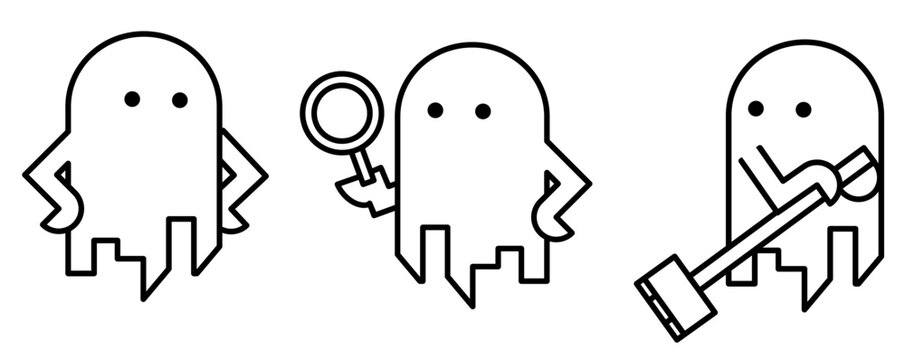 Set of three cute minimalist ghost line art characters including one holding a magnifying glass and one with a shovel. Simple black outline spook icons for Halloween or mystery themed designs.