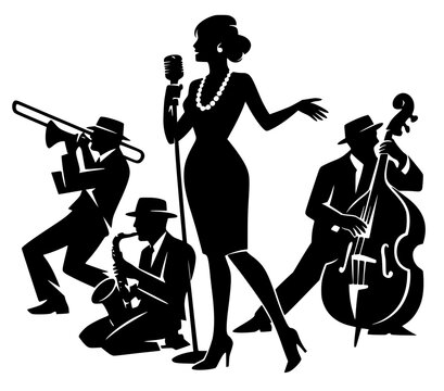 Elegant mid-century jazz band silhouette featuring a female singer, double bass, saxophone, and trombone. Retro minimalist vector art of a musical quartet performing on a clean background.