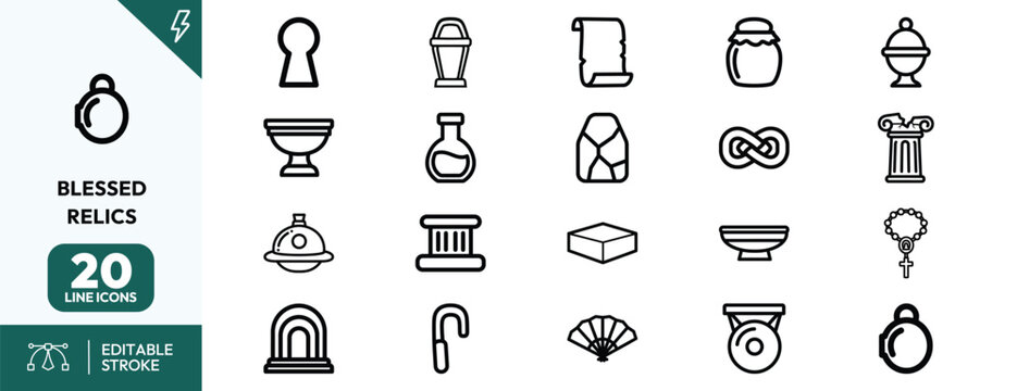 Blessed relics icons line art set sacred artifacts silhouettes for branding web design educational materials museum display