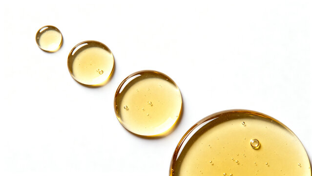 Golden liquid droplets in different sizes on a white background, creating a sense of flow and purity