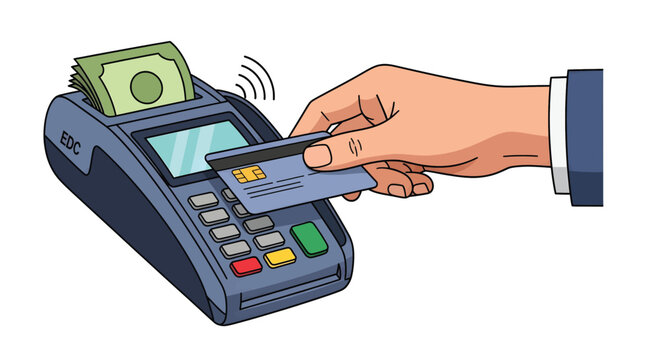 Hand holding credit card near terminal.