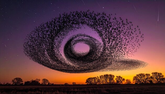 Bird flock murmuration forms eye shape at sunset over open field