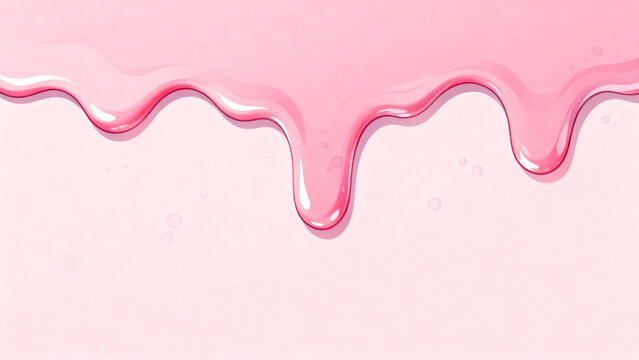 Smooth, translucent pink liquid dripping in luscious, syrupy waves against a soft, light pink background, creating a sweet and inviting visual