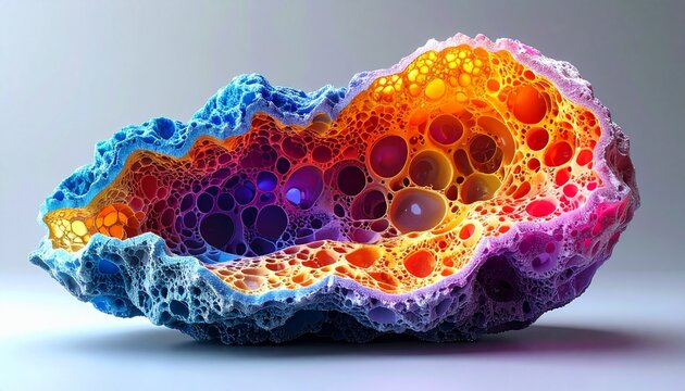 Colorized SEM image of zeolite crystal showing internal pore structure