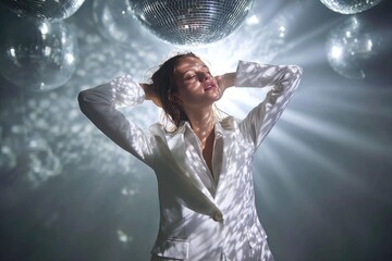 Naklejka premium Woman in White Blazer Basking in Disco Ball Light for Glamorous Nightlife Photography