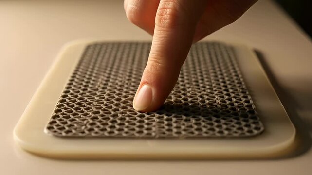 Close-up of a finger pressing down on a flexible, patterned surface, creating ripples and indentations in the material. The action highlights the texture and elasticity of the object.