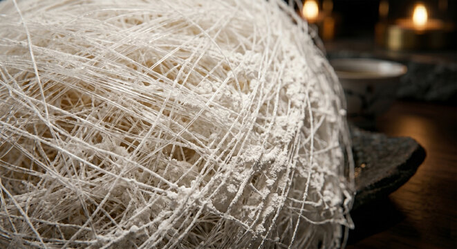 A hyper-detailed macro shot focusing on the transition between the pulled maltose threads and the fine coating of cornstarch. 