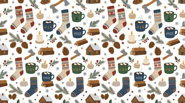 Cozy Hygge Winter Pattern - Stockings, Hot Drinks, Firewood, Cabins