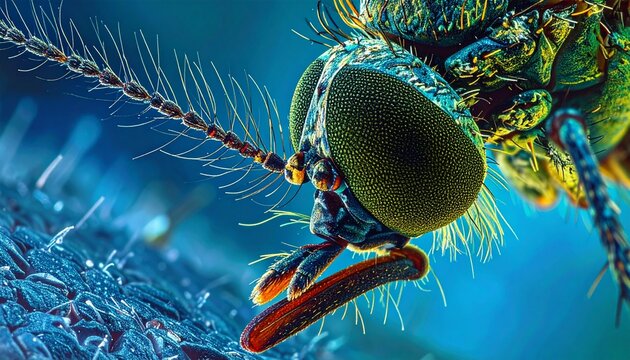 Colorized SEM image of mosquito proboscis piercing underwater with detailed microstructures
