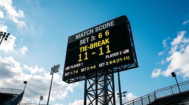Tennis match score board showing a tie-break in the final set of a hard court championship during a New York summer tournament