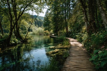 Fototapeta premium Serene wooden pathway along clear forest river in daylight.