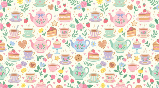Cute Pastel Tea Party Desserts and Teaware Flat Vector Seamless Pattern