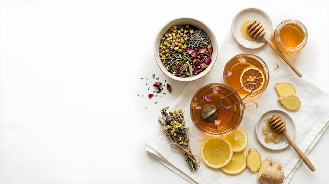 Herbal tea with honey lemon and ginger flat lay with copy space