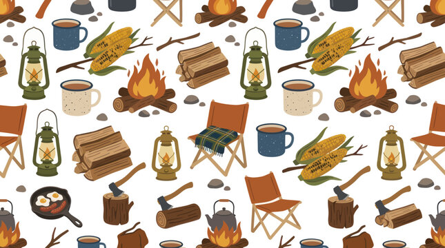Camping Pattern with Campfire, Lanterns, Corn, and Axes