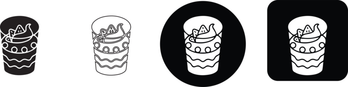 Sweet layered dessert in glass with cream line and silhouette vector icon set