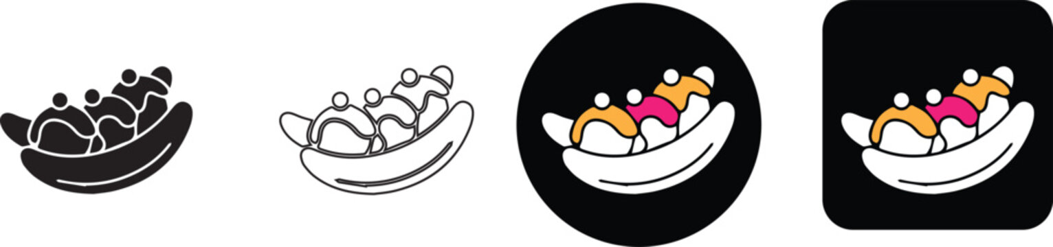 Delicious banana split ice cream sundae dessert vector icon set for cafe menus