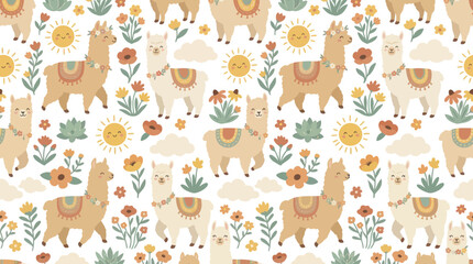 Naklejka premium Cute Flat Cartoon Illustration of Boho Llamas, Flowers, and Suns - Seamless Pattern for Children's and Nursery Textile Design