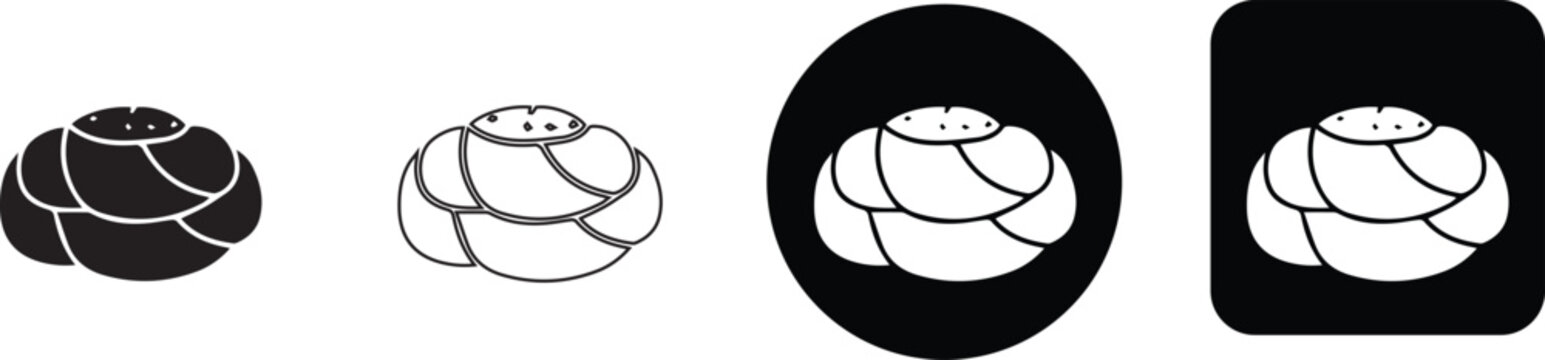Braided challah bread loaf line and silhouette vector icon set for bakery design