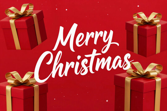 Red background with falling snowflakes. Three red gift boxes with gold ribbons.