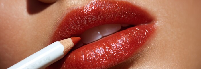 Naklejka premium Woman applying red lip liner pencil to her lips in close-up 