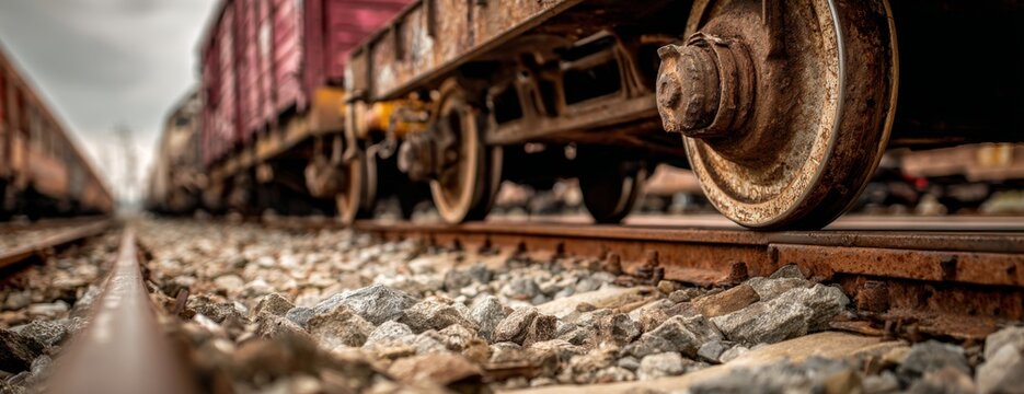 Freight train wheels on rusty tracks with gravel and cloudy sky  