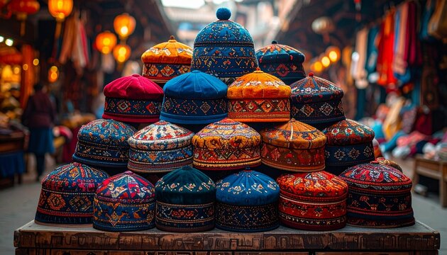 Stacked handcrafted embroidered hats displayed at traditional market stall