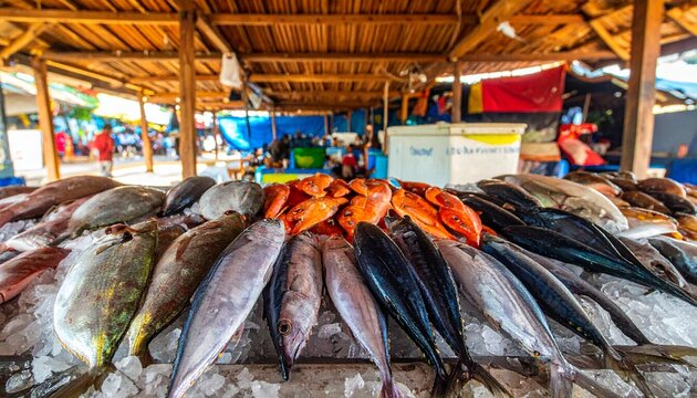 Fresh fish arranged on ice at tropical market stall with thatched roof