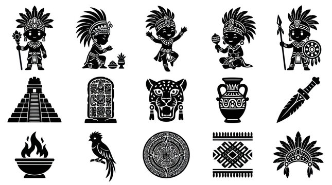 Maya Civilization Icons: Tribal Warrior, Pyramid, Jaguar, Bird, Artifacts, Glyph - Black and White Vector Art