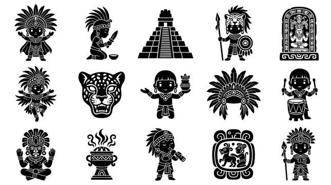 Mayan Civilization Icons Set: Warriors, Pyramids, Jaguar, Culture, Glyph, Black  White Vector Art