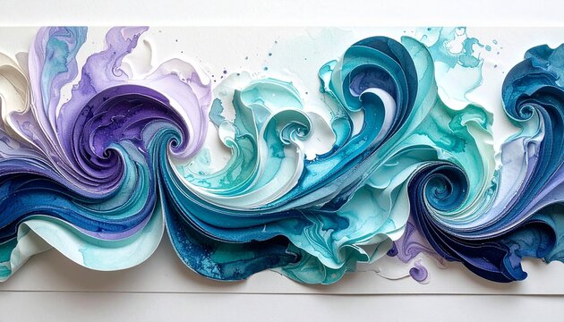 Swirling marbled paper pattern with teal and purple abstract waves on white background