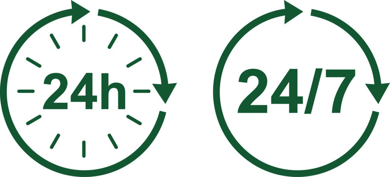 24h 24 7 green clock icons set for nonstop customer support availability concept