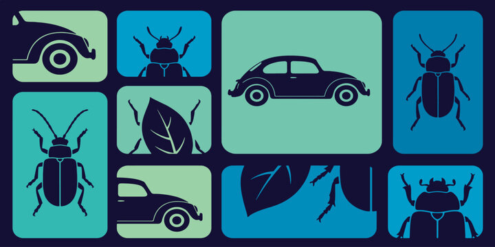 Retro car and beetle illustration with a vintage aesthetic and color palette.