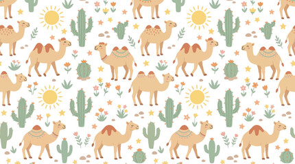 Fototapeta premium Cute Cartoon Camel Desert Cactus Sun Seamless Pattern Flat Vector Art