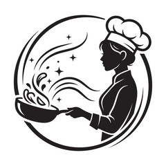 Silhouette of a professional woman chef wearing a tall hat cooking food in a frying pan with steam and sparkles in a circular frame